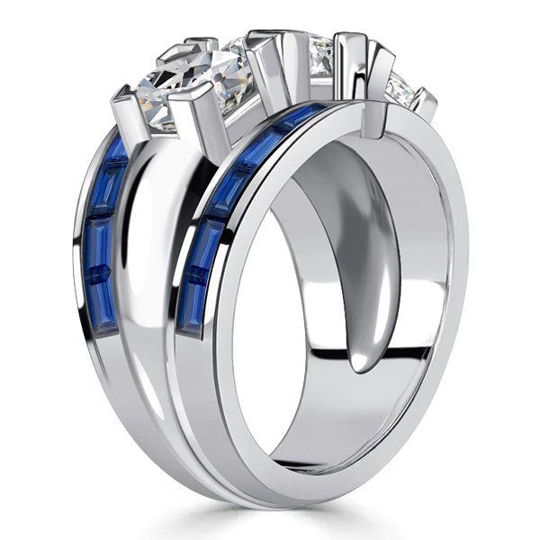 Blue Sapphire Art Deco Wedding Band - 925 Sterling Silver Ring