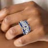 Blue Sapphire Art Deco Wedding Band - 925 Sterling Silver Ring