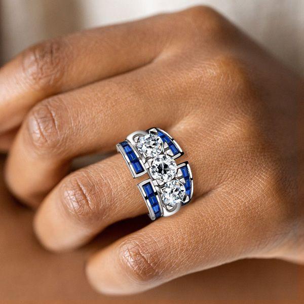 Blue Sapphire Art Deco Wedding Band - 925 Sterling Silver Ring