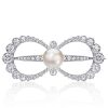 Antique Vintage Style Bow Brooch with White Sapphire and Faux Pearl, 925 Sterling Silver Plated