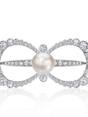 Antique Vintage Style Bow Brooch with White Sapphire and Faux Pearl, 925 Sterling Silver Plated