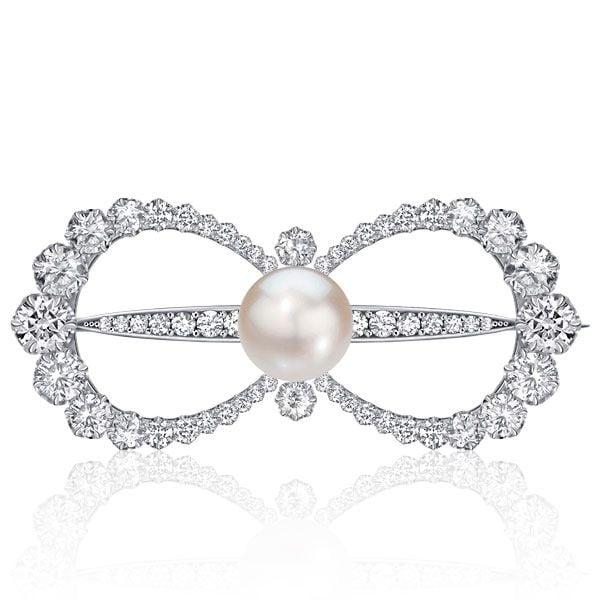 Antique Vintage Style Bow Brooch with White Sapphire and Faux Pearl, 925 Sterling Silver Plated