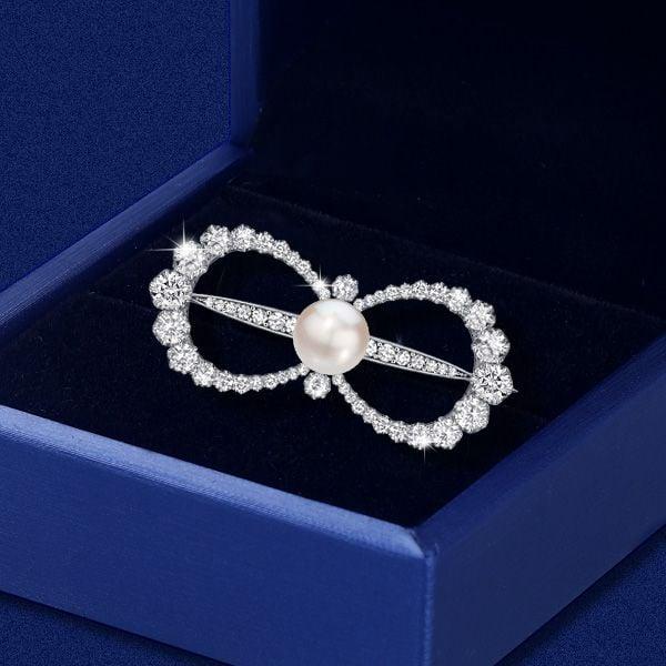 Antique Vintage Style Bow Brooch with White Sapphire and Faux Pearl, 925 Sterling Silver Plated