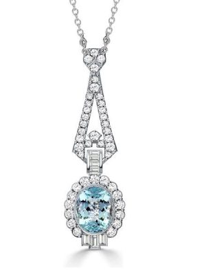Aquamarine Pendant Necklace - Oval Cut, Milgrain Detail, Sterling Silver - Vintage Style