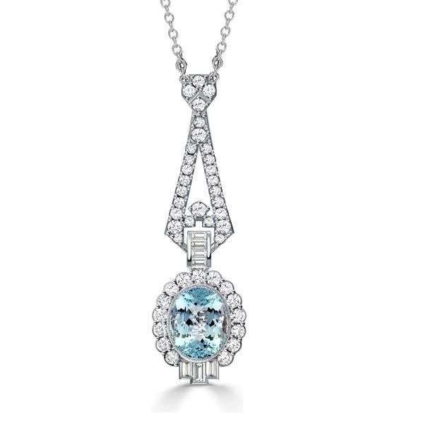 Aquamarine Pendant Necklace - Oval Cut, Milgrain Detail, Sterling Silver - Vintage Style