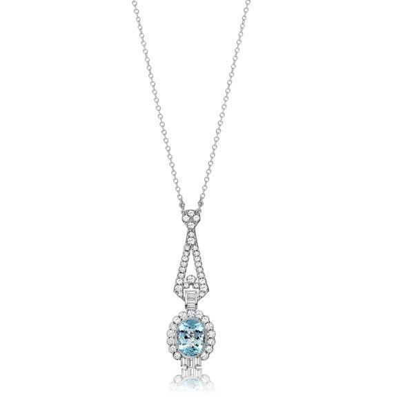 Aquamarine Pendant Necklace - Oval Cut, Milgrain Detail, Sterling Silver - Vintage Style