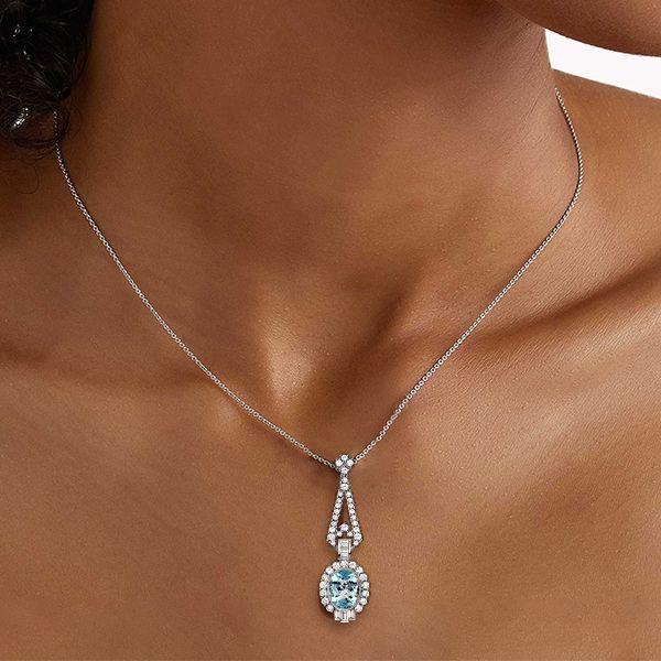 Aquamarine Pendant Necklace - Oval Cut, Milgrain Detail, Sterling Silver - Vintage Style