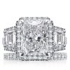 Art Deco Three Stone Halo Bridal Set, Created White Sapphire Wedding Jewelry in Sterling Silver