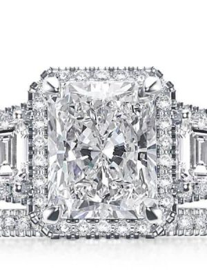 Art Deco Three Stone Halo Bridal Set, Created White Sapphire Wedding Jewelry in Sterling Silver
