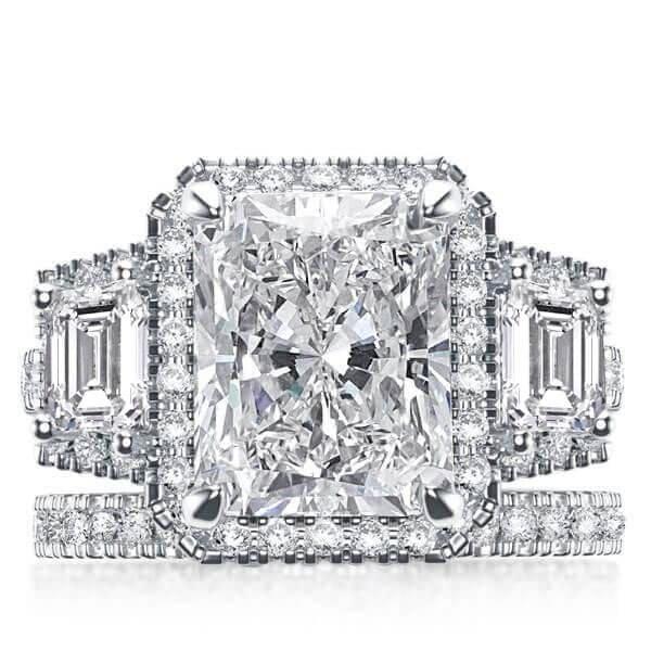 Art Deco Three Stone Halo Bridal Set, Created White Sapphire Wedding Jewelry in Sterling Silver