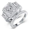 Art Deco Three Stone Halo Bridal Set, Created White Sapphire Wedding Jewelry in Sterling Silver
