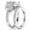 Art Deco Three Stone Halo Bridal Set, Created White Sapphire Wedding Jewelry in Sterling Silver