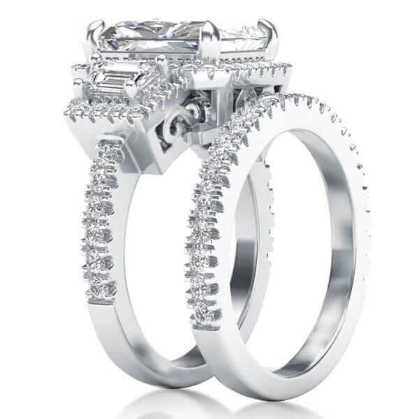 Art Deco Three Stone Halo Bridal Set, Created White Sapphire Wedding Jewelry in Sterling Silver