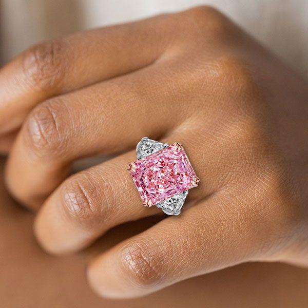 Radiant Cut Pink Engagement Ring - Three Stone Sterling Silver