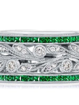 Princess Cut Emerald and Sapphire Wedding Band in Sterling Silver with Rhodium Finish