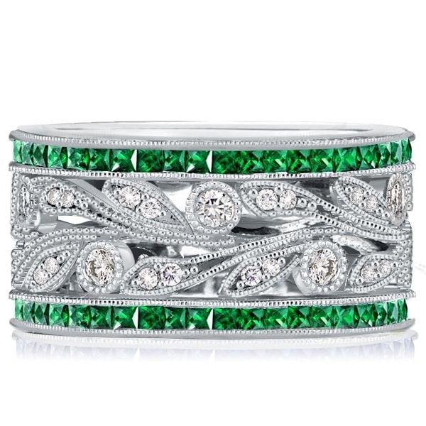 Princess Cut Emerald and Sapphire Wedding Band in Sterling Silver with Rhodium Finish
