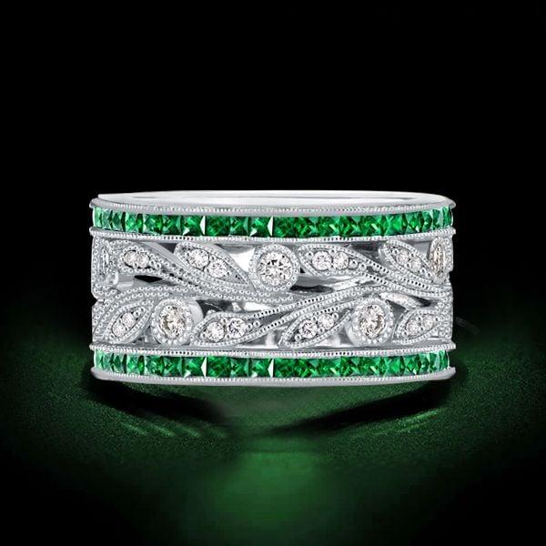 Princess Cut Emerald and Sapphire Wedding Band in Sterling Silver with Rhodium Finish