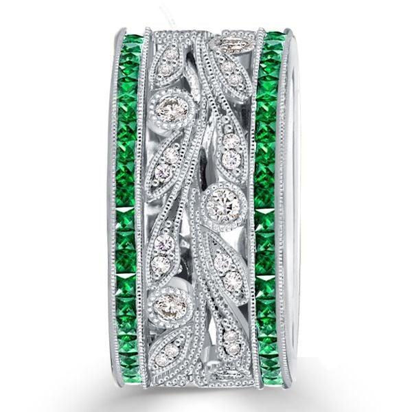 Princess Cut Emerald and Sapphire Wedding Band in Sterling Silver with Rhodium Finish