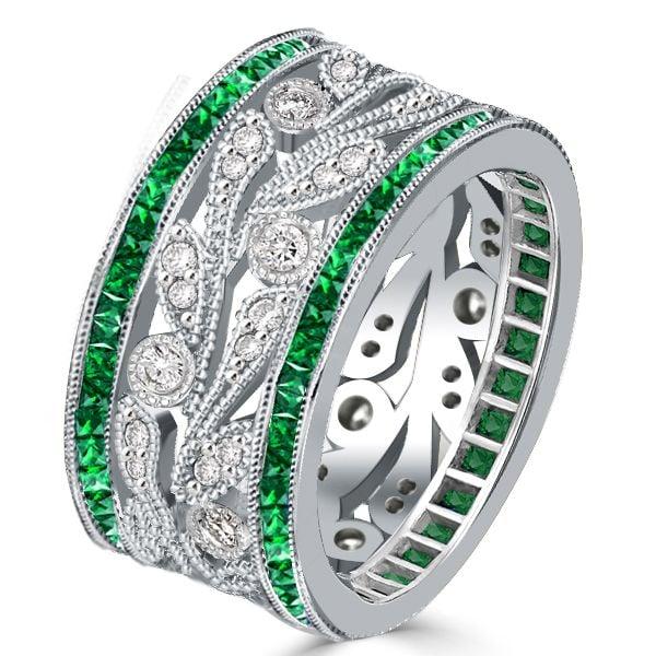 Princess Cut Emerald and Sapphire Wedding Band in Sterling Silver with Rhodium Finish