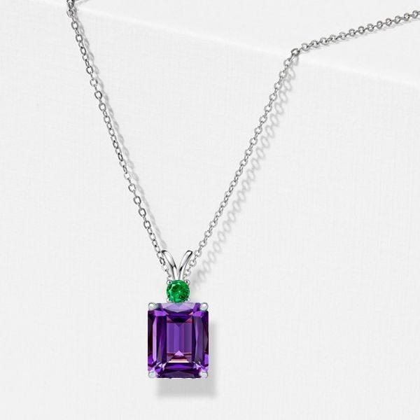 Emerald Cut Amethyst Necklace in Rhodium Plated 925 Sterling Silver