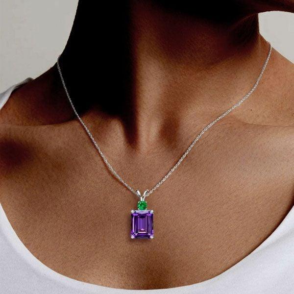 Emerald Cut Amethyst Necklace in Rhodium Plated 925 Sterling Silver