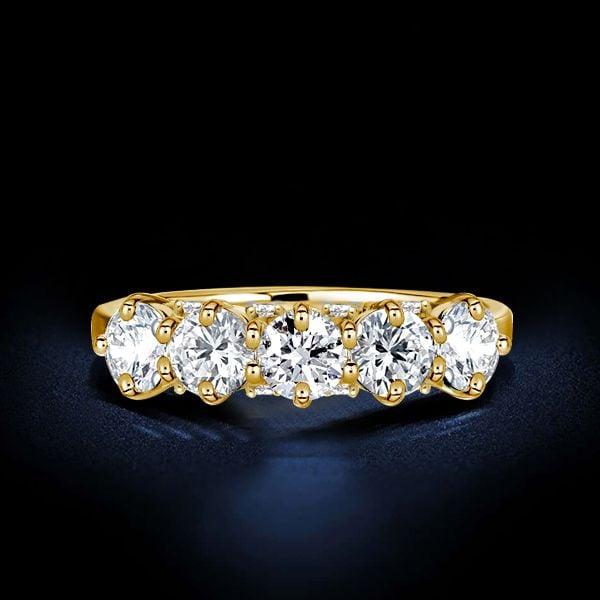 Five Stone Half Eternity Wedding Band, Round Cut, 18K Gold Plated Sterling Silver