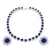 Blue Sapphire Halo Tennis Necklace and Stud Earrings Jewelry Set in Sterling Silver