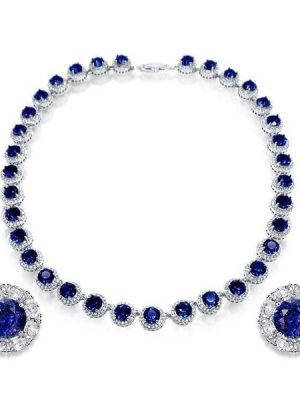 Blue Sapphire Halo Tennis Necklace and Stud Earrings Jewelry Set in Sterling Silver