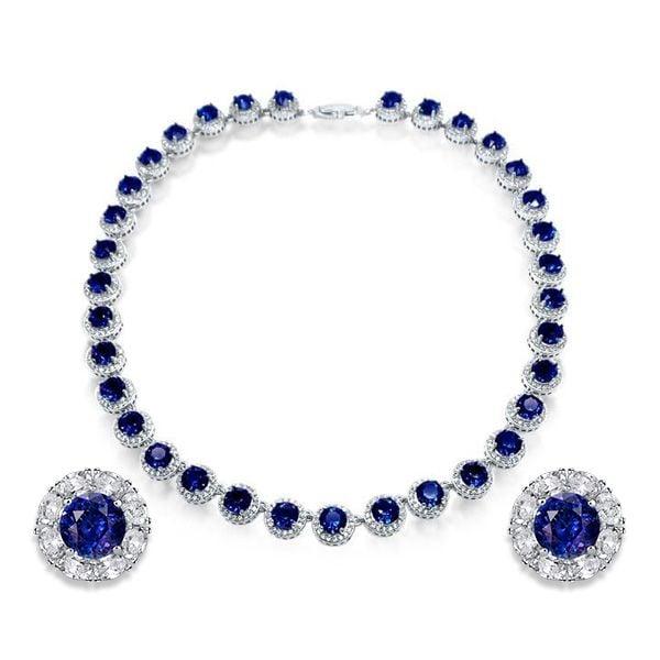 Blue Sapphire Halo Tennis Necklace and Stud Earrings Jewelry Set in Sterling Silver