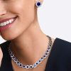 Blue Sapphire Halo Tennis Necklace and Stud Earrings Jewelry Set in Sterling Silver