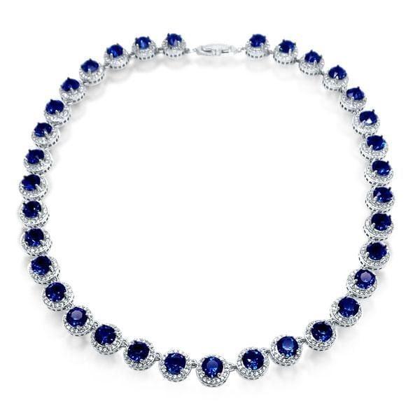 Blue Sapphire Halo Tennis Necklace and Stud Earrings Jewelry Set in Sterling Silver