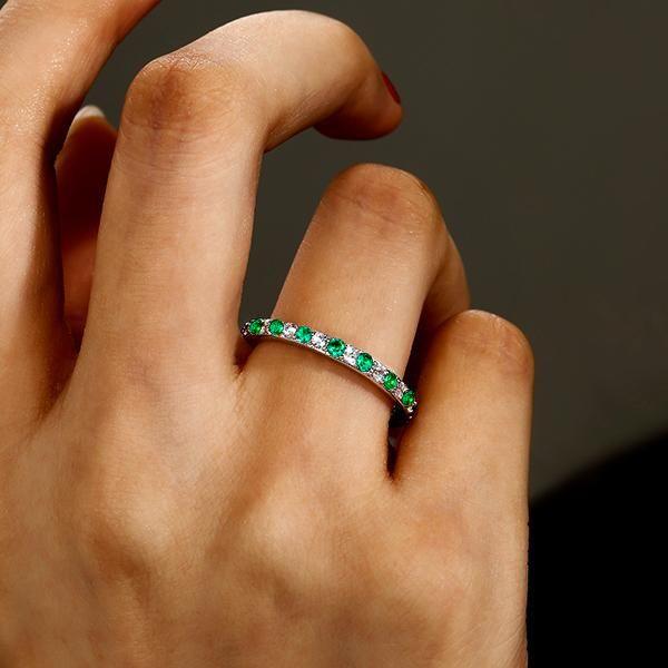 White & Green Alternating CZ Wedding Band in Sterling Silver