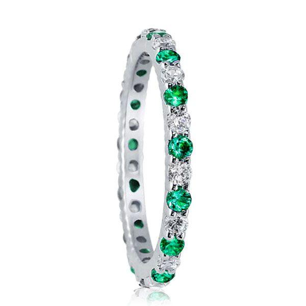 White & Green Alternating CZ Wedding Band in Sterling Silver
