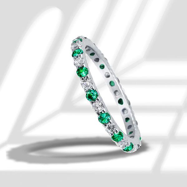 White & Green Alternating CZ Wedding Band in Sterling Silver