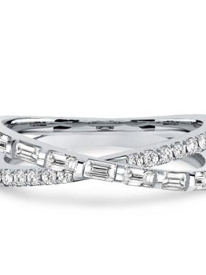 Crossover Wedding Band Ring Sterling Silver Round & Baguette CZ - Silver, Gold, Rose Gold