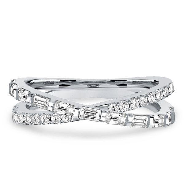 Crossover Wedding Band Ring Sterling Silver Round & Baguette CZ - Silver, Gold, Rose Gold