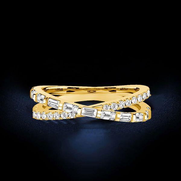 Crossover Wedding Band Ring Sterling Silver Round & Baguette CZ - Silver, Gold, Rose Gold
