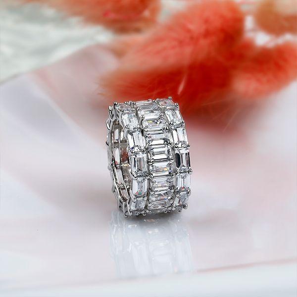 Emerald & White Sapphire Triple Row Wedding Band - Sterling Silver Vintage Style