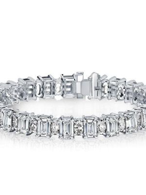 Emerald & Oval Cut White Sapphire Sterling Silver Tennis Bracelet (6-9 inch)