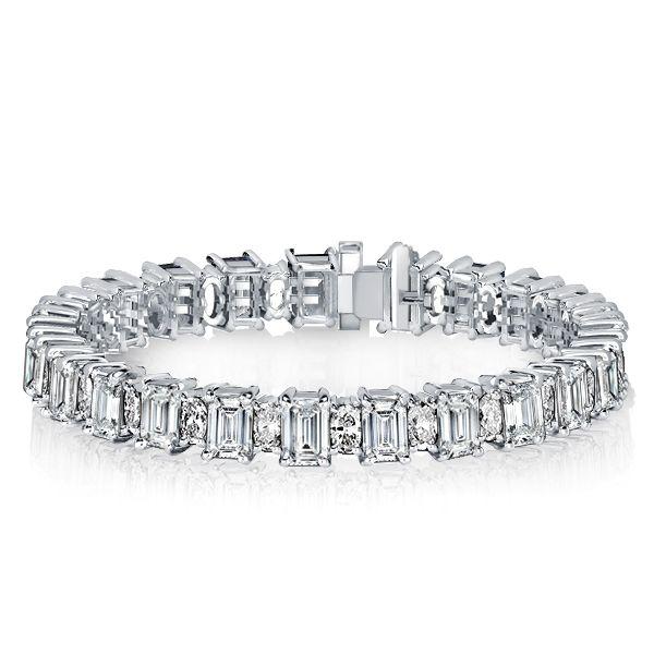 Emerald & Oval Cut White Sapphire Sterling Silver Tennis Bracelet (6-9 inch)