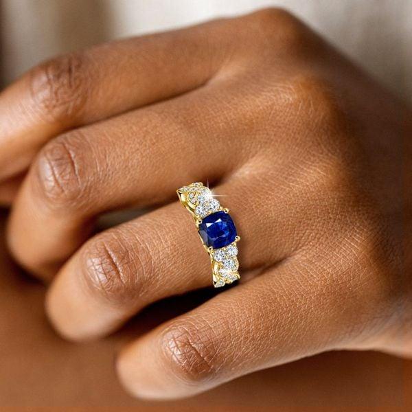 Cushion Cut Blue Sapphire Ring in 18K Gold Plated Sterling Silver