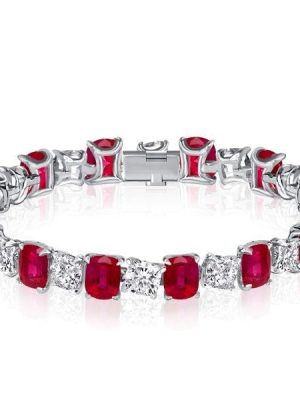 Ruby and White Cushion Cut Tennis Bracelet for Women in Sterling Silver