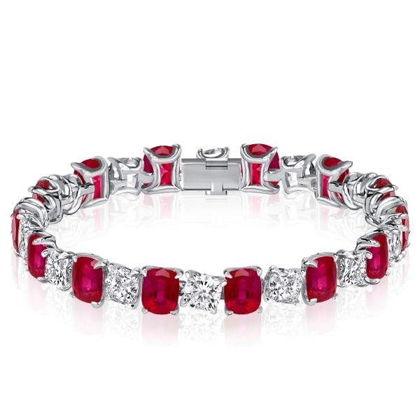 Ruby and White Cushion Cut Tennis Bracelet for Women in Sterling Silver