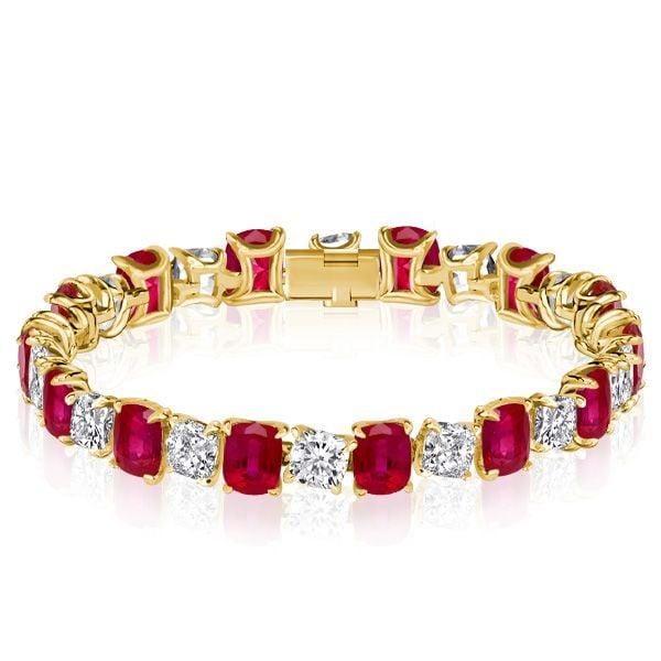 Ruby and White Cushion Cut Tennis Bracelet for Women in Sterling Silver