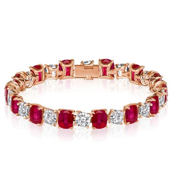 Ruby and White Cushion Cut Tennis Bracelet for Women in Sterling Silver