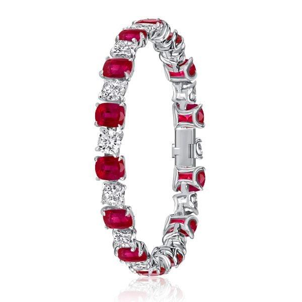 Ruby and White Cushion Cut Tennis Bracelet for Women in Sterling Silver
